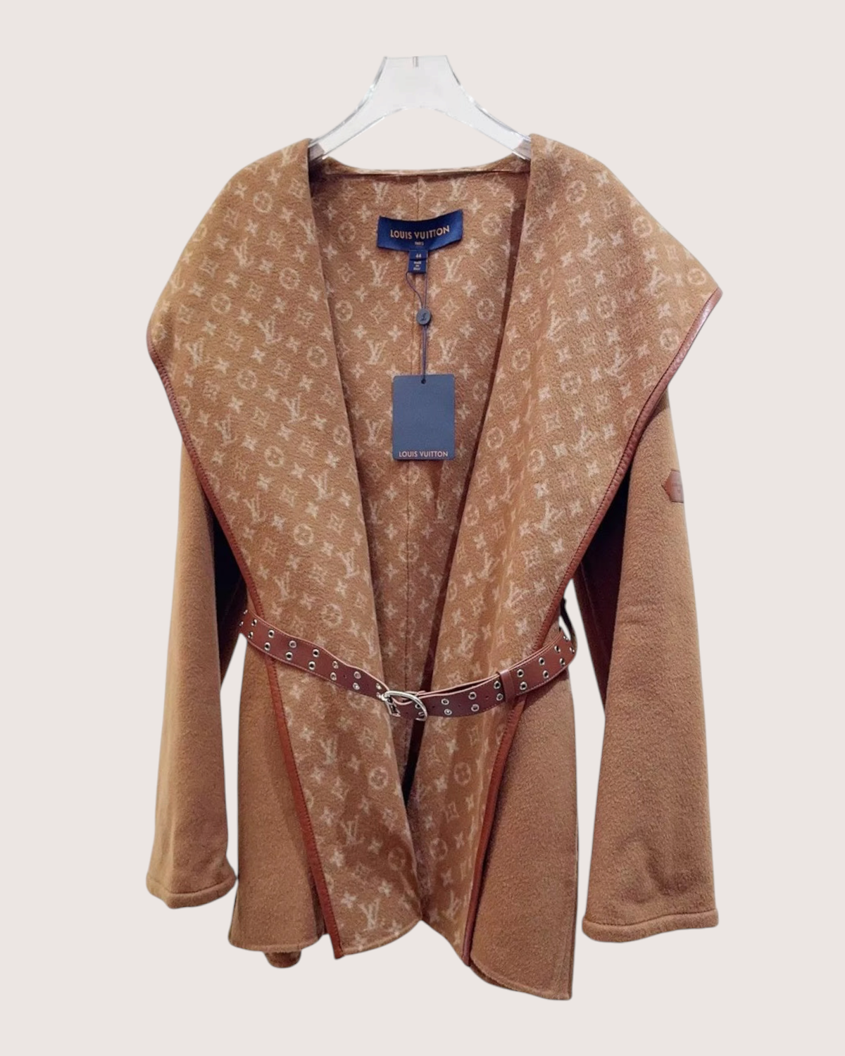 Louis Vuitton Hooded Wool Logo Coat Brown, Beige/Ecru FR 44