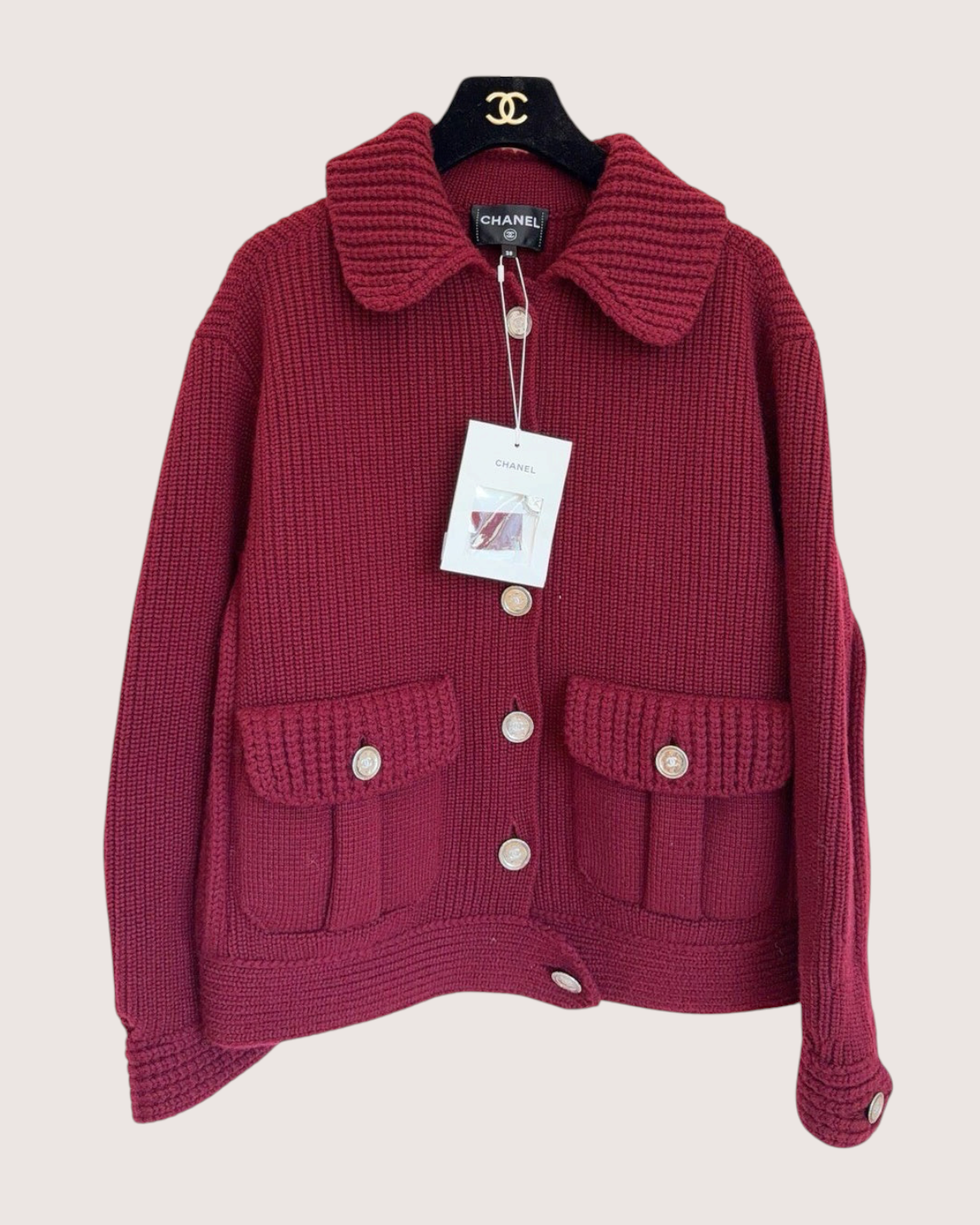 Chanel 25C Ribbed Two-Pocket Cardigan Burgundy FR 36