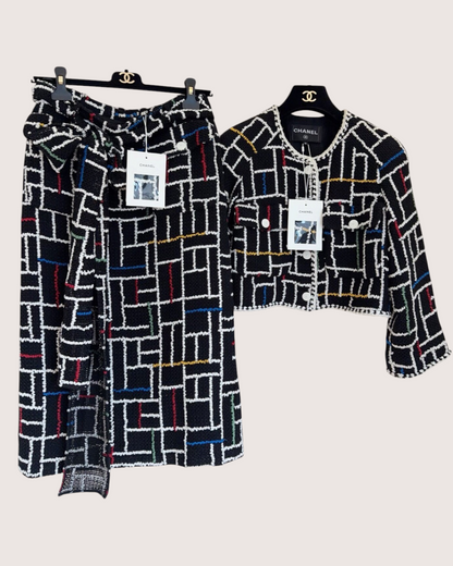 Chanel 25C Tweed Jacket & Skirt Set Black, White, Multicolor FR 36