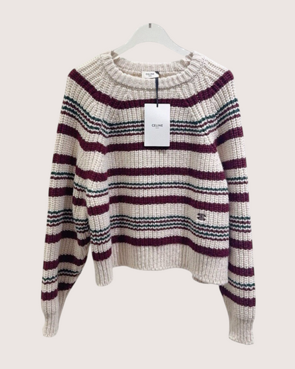 Celine Wool Striped Sweater Beige/Ecru, Burgundy, Green FR 34