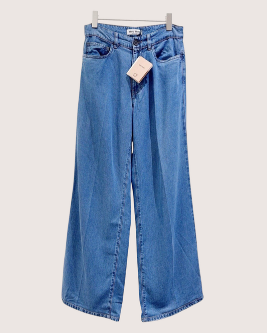 Miu Miu Logo-Embroidered Wide-Leg Denim Jeans Blue W24