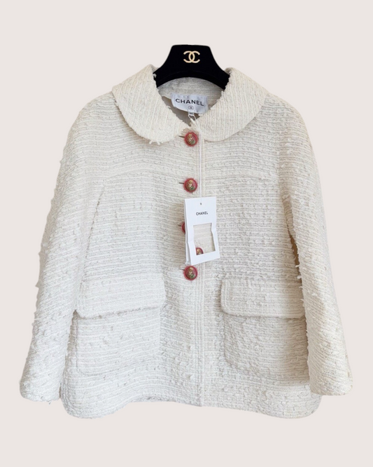 Chanel 17P Round-Collar Tweed Jacket Beige/Ecru FR 36