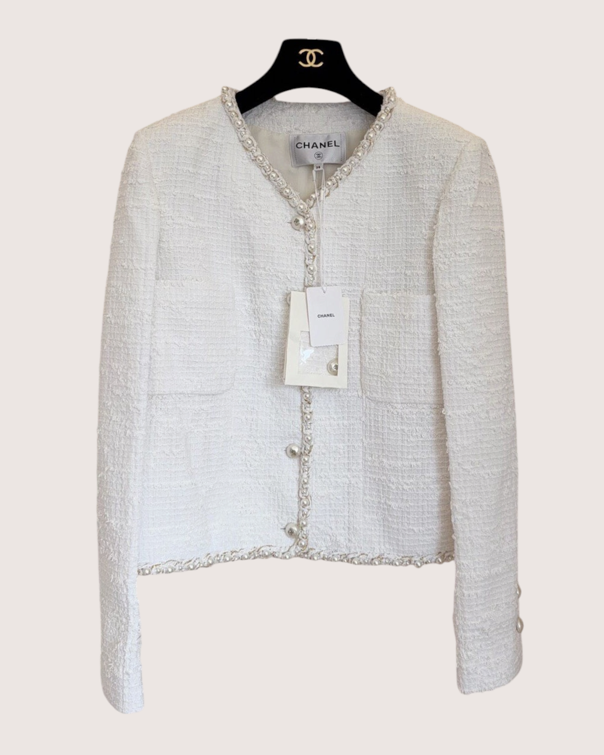 Chanel 25P Pearl-Trim Tweed Jacket White FR 40