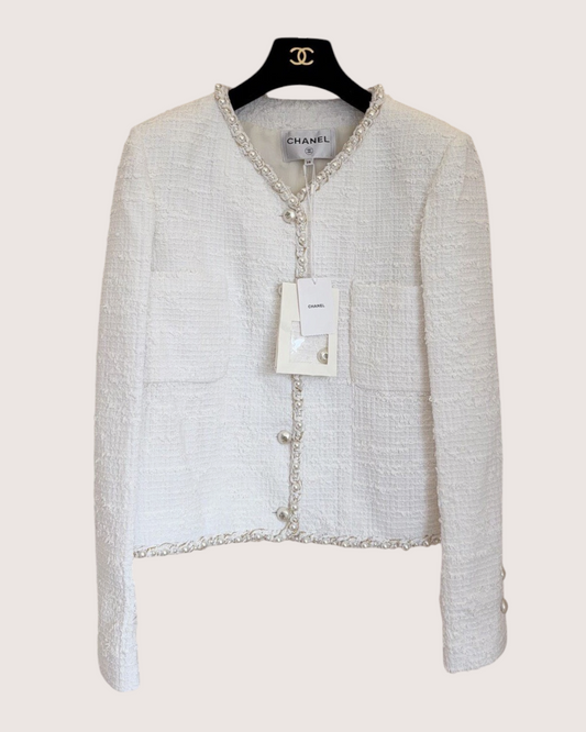 Chanel 25P Pearl-Trim Tweed Jacket White FR 40