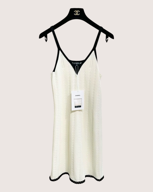 Chanel 26P CC Crochet Strappy Mini Dress Beige/Ecru, Black FR 34