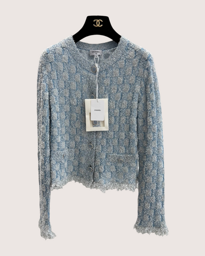 Chanel 26C Shimmer Knit Cardigan Blue, Silver, White FR 34