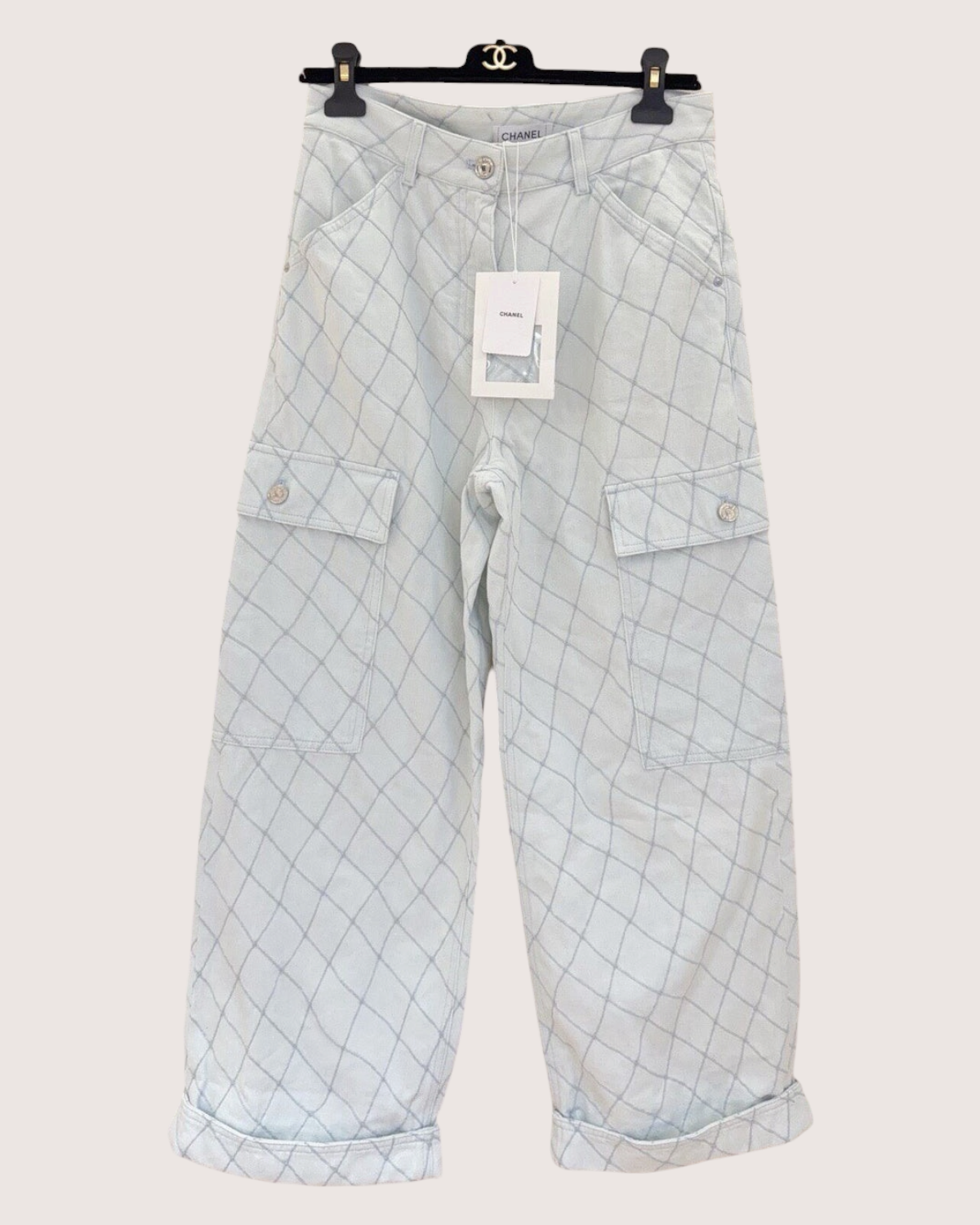 Chanel 26M Coco Beach Cargo Wide-Leg Denim Jeans Blue FR 36