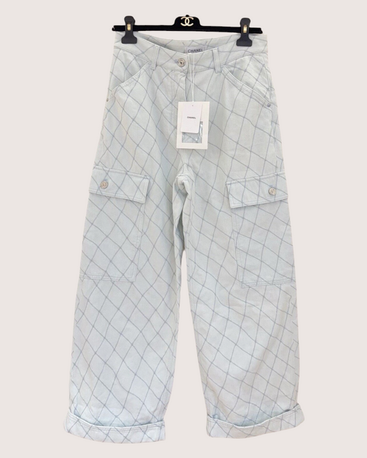 Chanel 26M Coco Beach Cargo Wide-Leg Denim Jeans Blue FR 36