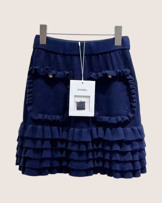 Chanel 21C Ruffle-Tiered Mini Skirt Navy FR 36