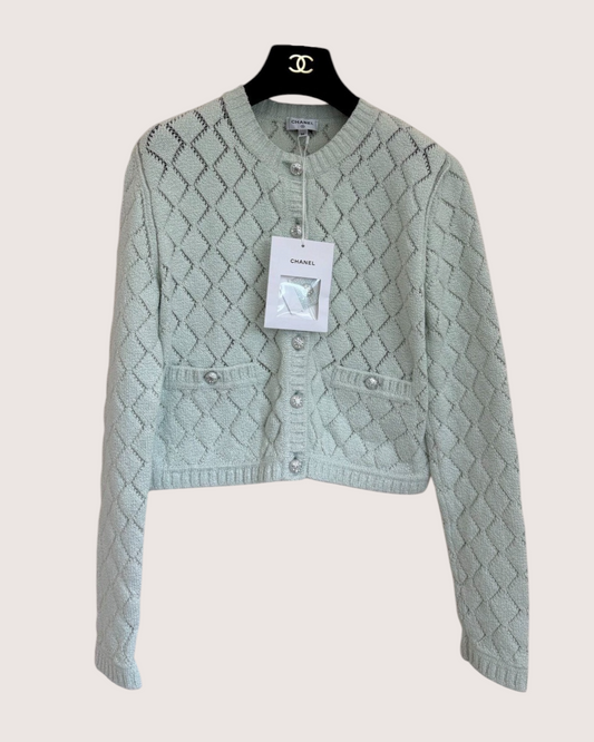 Chanel 23S Pointelle Cardigan Green FR 36