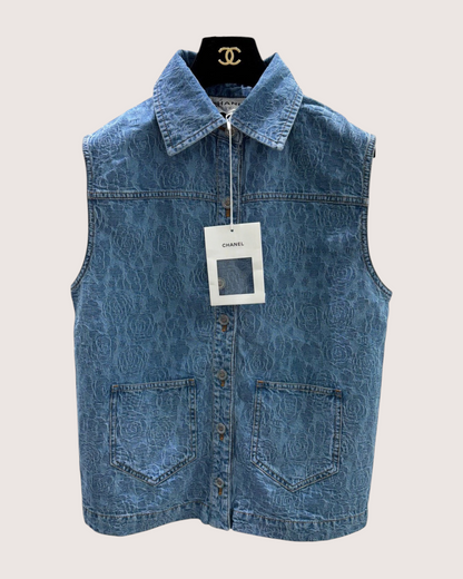 Chanel 23P Camellia Denim Vest Blue FR 34
