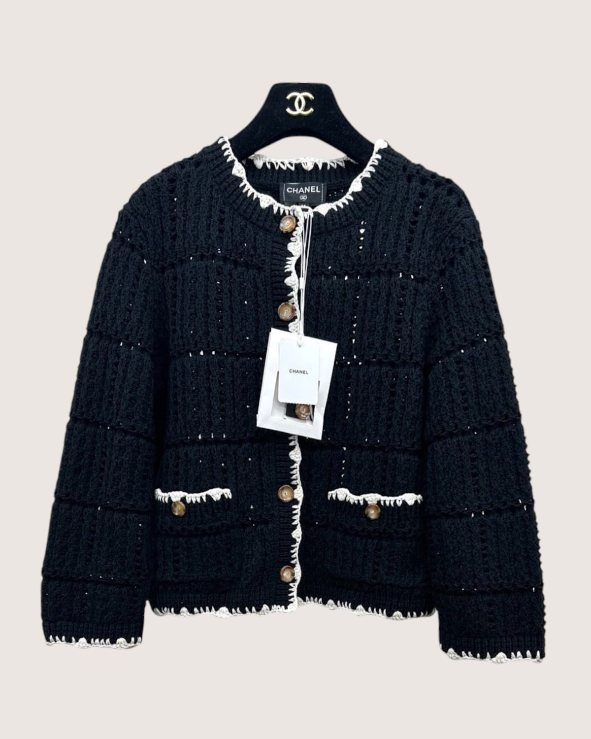Chanel 26P Openwork Cardigan Black, Beige/Ecru FR 38