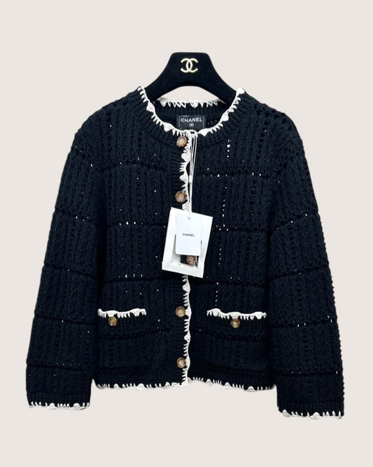 Chanel 26P Openwork Cardigan Black, Beige/Ecru FR 38