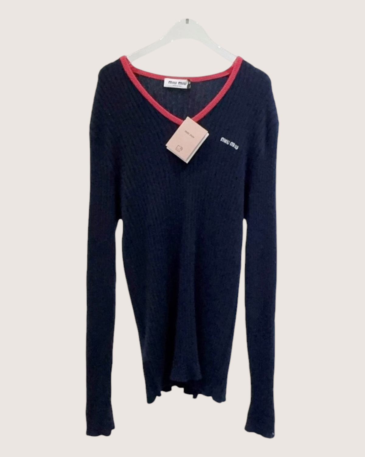 Miu Miu Ribbed V-Neck Sweater Navy, Red FR 36