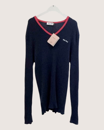 Miu Miu Ribbed V-Neck Sweater Navy, Red FR 36