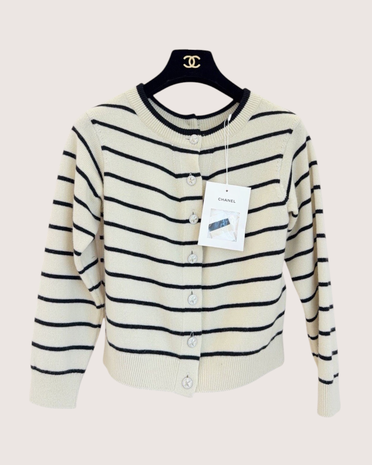Chanel 25S Cashmere Striped Cardigan Beige/Ecru, Black FR 36