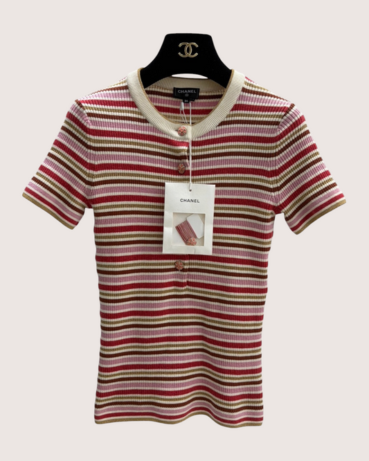 Chanel 26C Striped Short-Sleeve Top - Pink, Red, Beige/Ecru, Multicolor