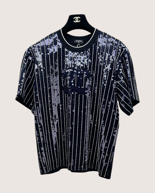 Chanel 23P Sequin CC Top Navy, White, Black