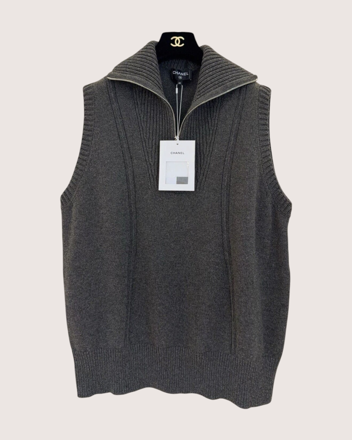 Chanel 24A Cashmere Zip-Up Collared Vest Grey FR 40