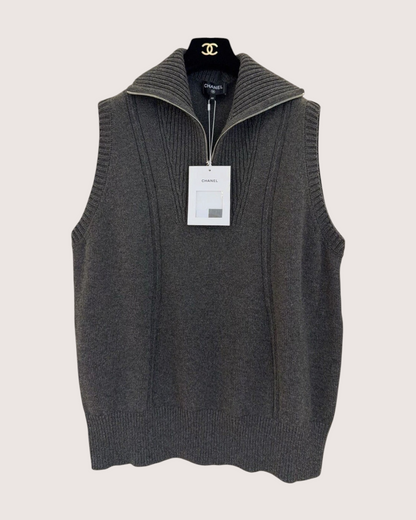 Chanel 24A Cashmere Zip-Up Collared Vest Grey FR 40