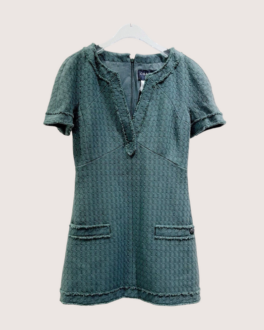 Chanel 13C Fringe-Trim Tweed Dress - Green