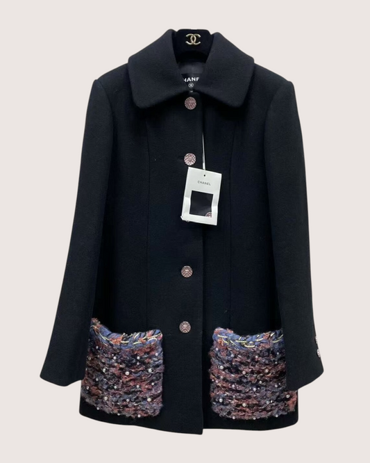 Chanel 23A Wool Tweed-Pocket Peacoat Black, Pink, Purple FR 34