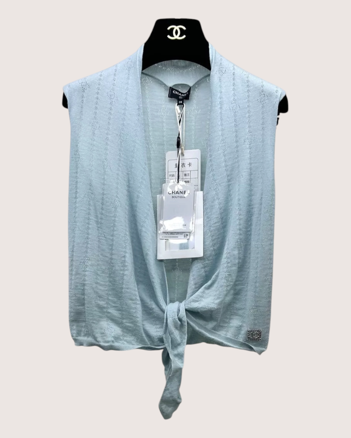 Chanel 21K Cashmere CC Openwork Tie-Front Vest Blue FR 38