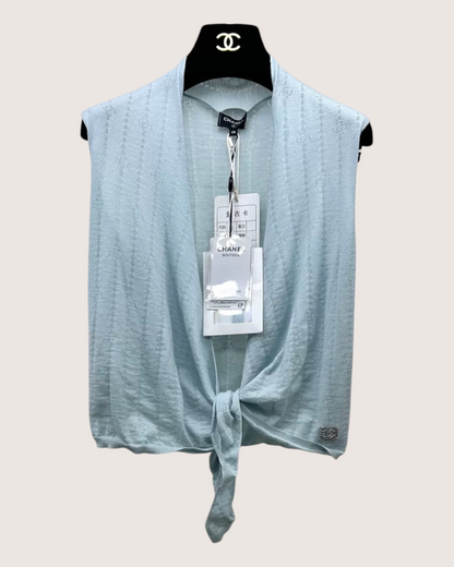 Chanel 21K Cashmere CC Openwork Tie-Front Vest Blue FR 38