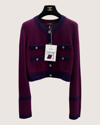 Chanel 23A Cashmere Cropped Cardigan Burgundy, Navy FR 38