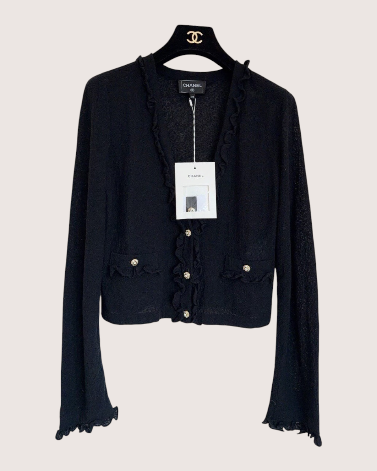 Chanel 25A Ruffle-Trim Cardigan Black FR 38