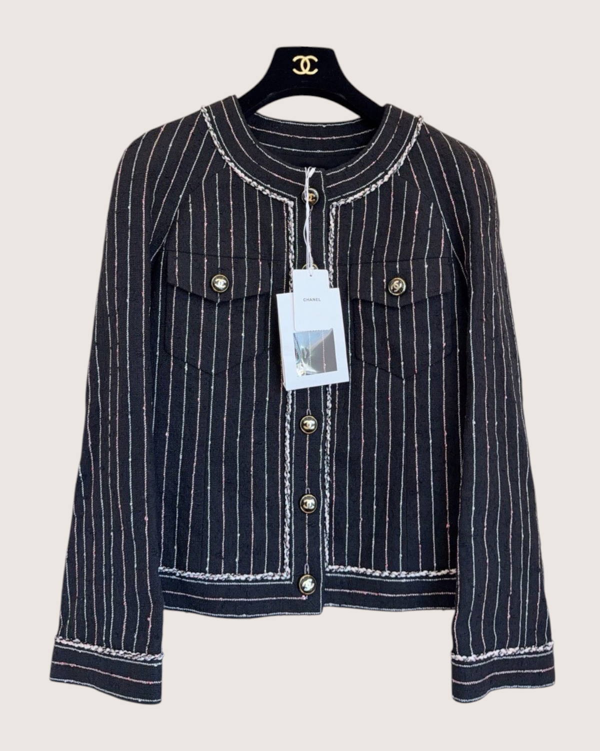Chanel 23P Striped Tweed Jacket Black, White, Pink FR 38