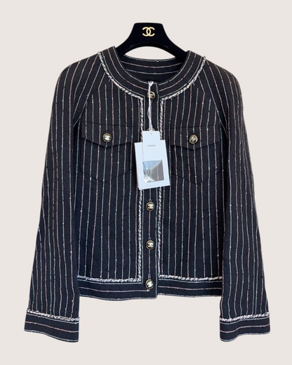 Chanel 23P Striped Tweed Jacket Black, White, Pink FR 38