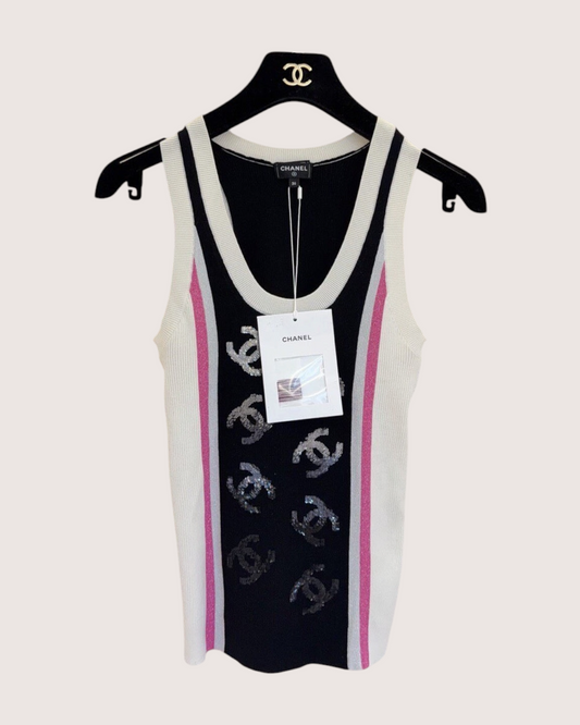 Chanel 23B Wool Sequin Top Black, Beige/Ecru, Pink FR 36