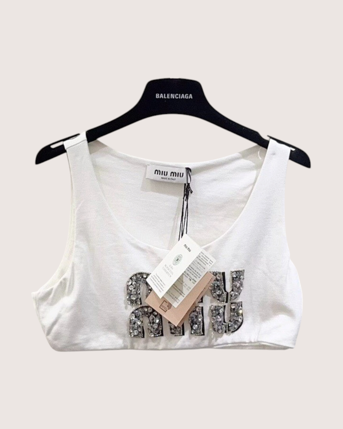 Miu Miu Crystal Logo Cropped Top White, Silver, Black FR 34