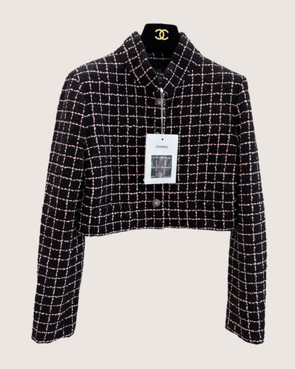 Chanel 23K Tweed Plaid Jacket Black, Pink FR 38