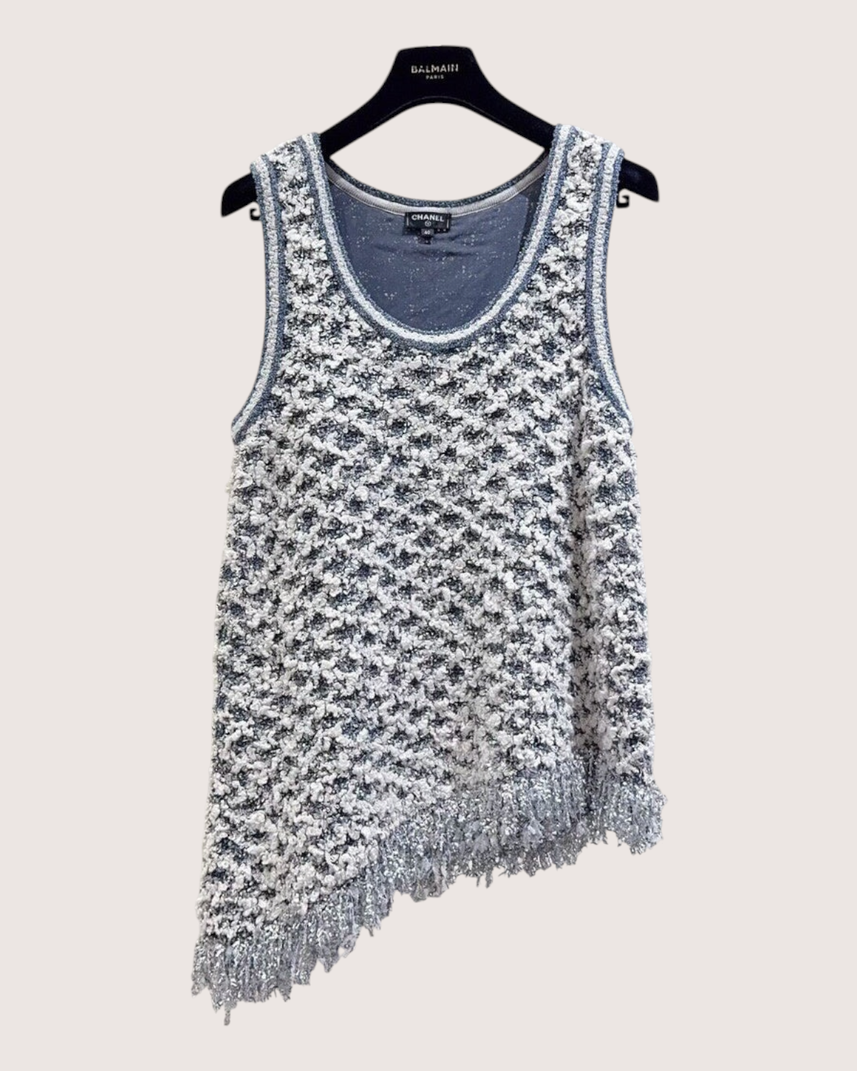 Chanel 18S Asymmetric Fringe Top White, Navy, Silver FR 40