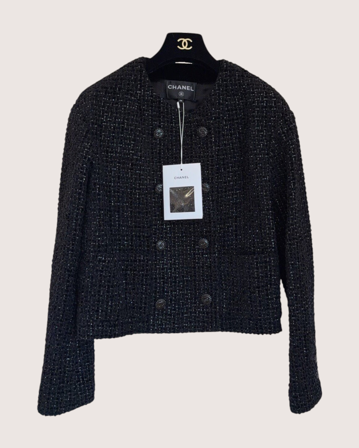 Chanel 22B Double-Breasted Shimmer Tweed Jacket Black, Silver FR 38