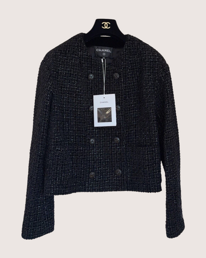 Chanel 22B Double-Breasted Shimmer Tweed Jacket Black, Silver FR 38