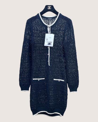 Chanel 24P Contrast-Trim Openwork Mid-Length Dress Black, Beige/Ecru FR 36