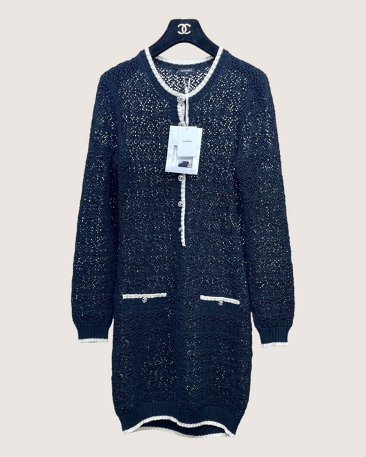 Chanel 24P Contrast-Trim Openwork Mid-Length Dress Black, Beige/Ecru FR 36