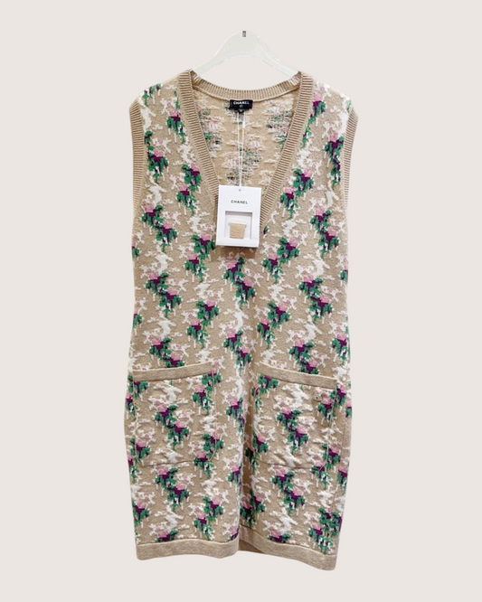 Chanel 17A Cashmere Floral Pocket Mini Dress - Beige/Ecru, Pink, Green, Multicolor