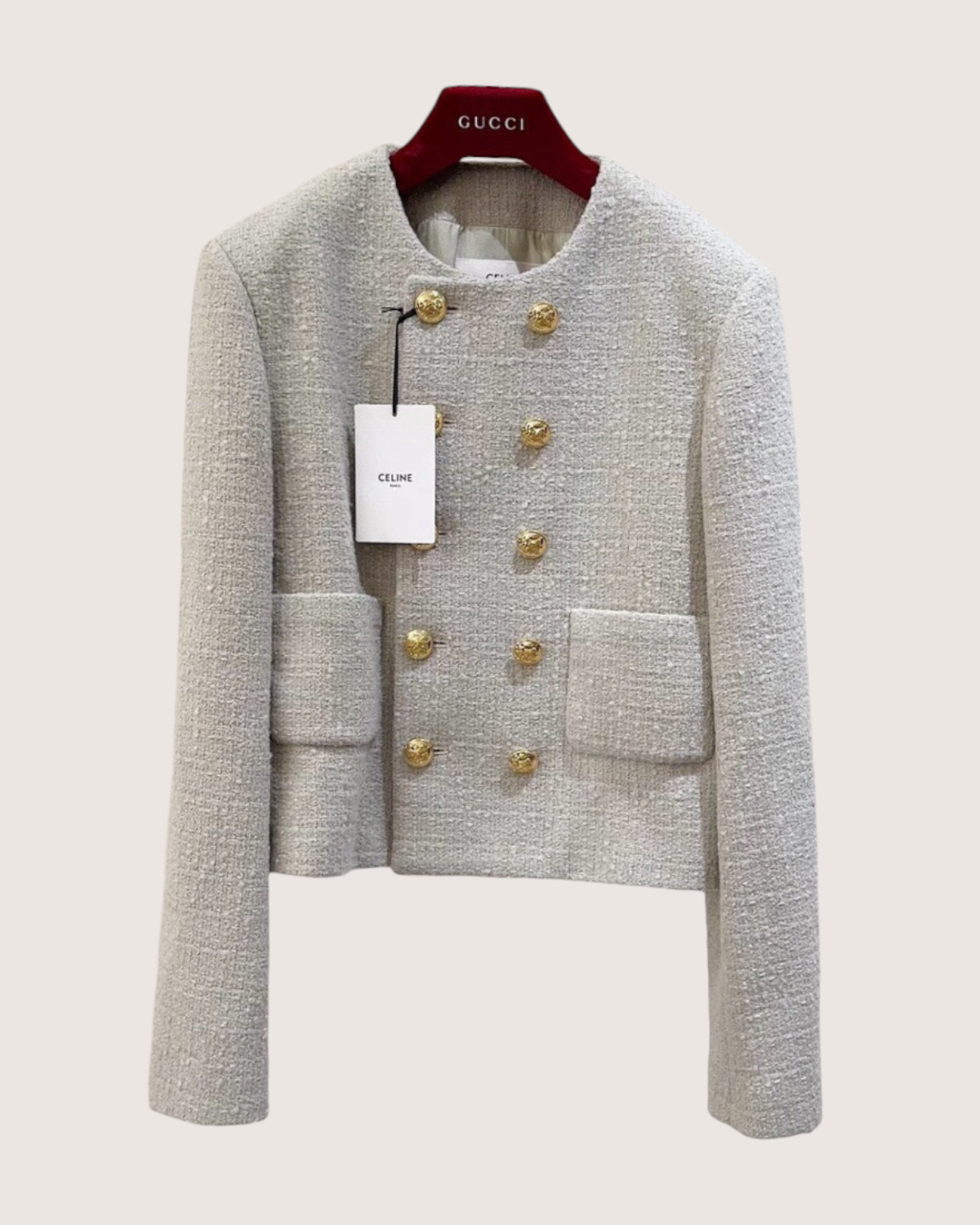 Celine Tweed Jacket Green, Beige/Ecru, Gold FR 40
