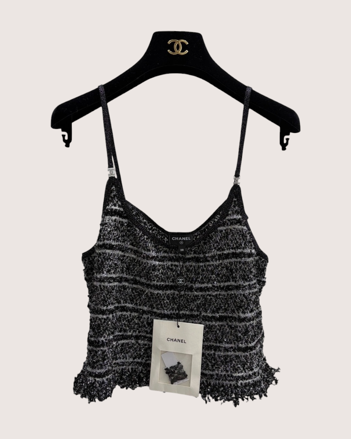 Chanel 26C Striped Crystal Button Strappy Vest Black, White, Silver FR 38