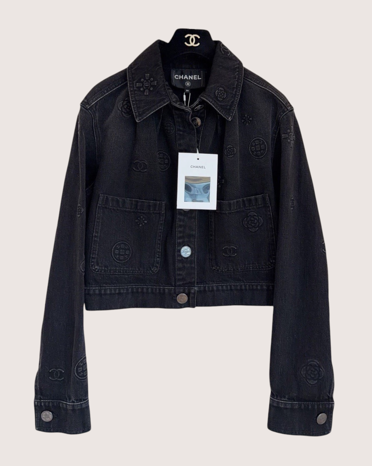 Chanel 21P Cropped Camellia Denim Jacket Black FR 38