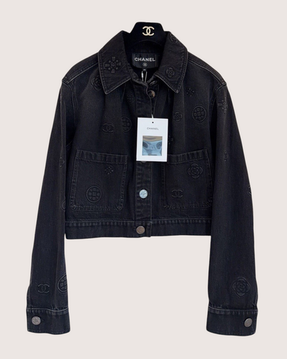 Chanel 21P Cropped Camellia Denim Jacket Black FR 38