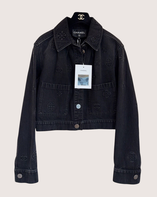 Chanel 21P Cropped Camellia Denim Jacket Black FR 38