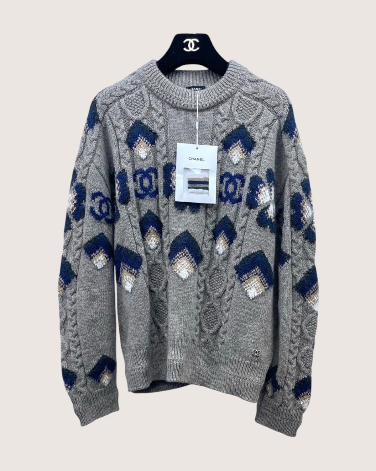 Chanel 24N Coco Neige Wool Crochet Sweater Grey, Navy, Beige/Ecru FR 36