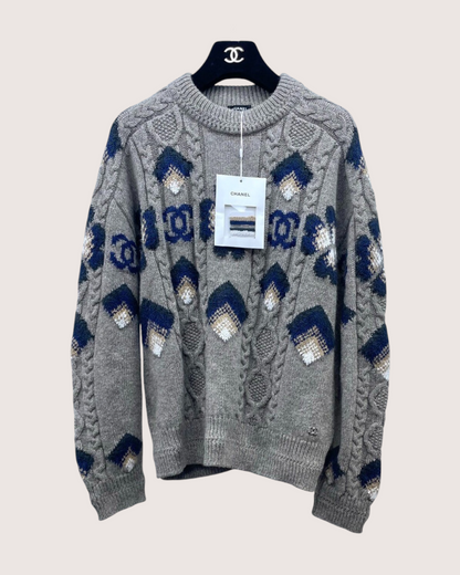 Chanel 24N Coco Neige Wool Crochet Sweater Grey, Navy, Beige/Ecru FR 36