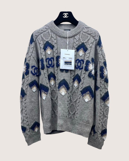 Chanel 24N Coco Neige Wool Crochet Sweater Grey, Navy, Beige/Ecru FR 36