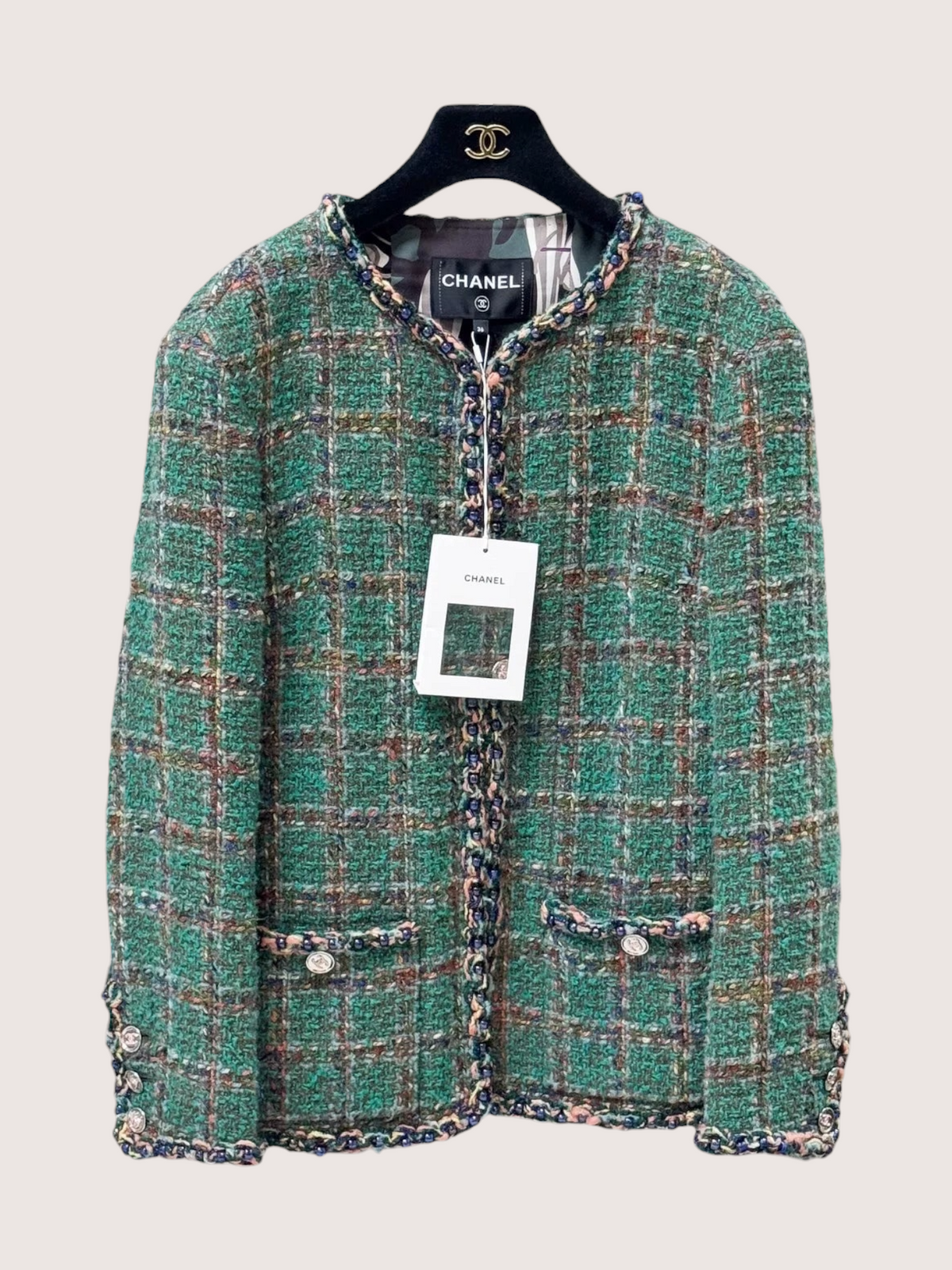 Chanel 23A Plaid Tweed Jacket Green, Multicolor FR 34
